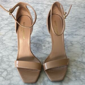 Saint Laurent Beige Patent Leather Ankle-Strap Heels